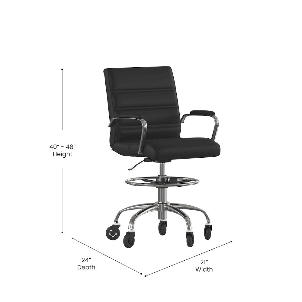 Mid-Back Black Drafting Chair with Adjustable Foot Ring, Chrome Base,
