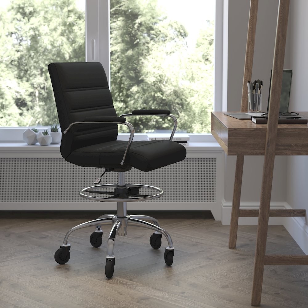 Mid-Back Black Drafting Chair with Adjustable Foot Ring, Chrome Base,