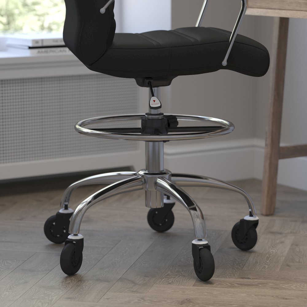 Mid-Back Black Drafting Chair with Adjustable Foot Ring, Chrome Base,