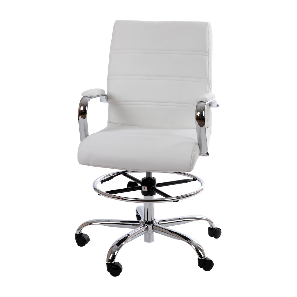 Mid-Back White Drafting Chair with Adjustable Foot Ring and Chrome Base