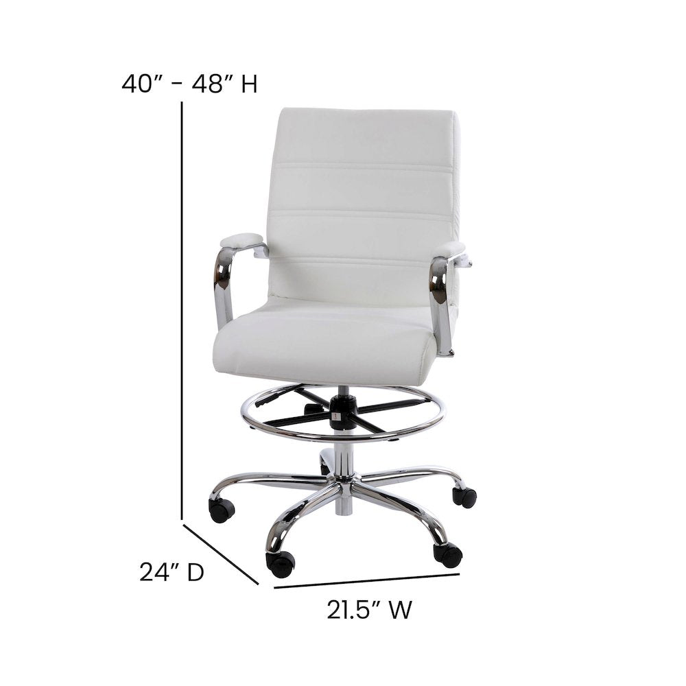 Mid-Back White Drafting Chair with Adjustable Foot Ring and Chrome Base