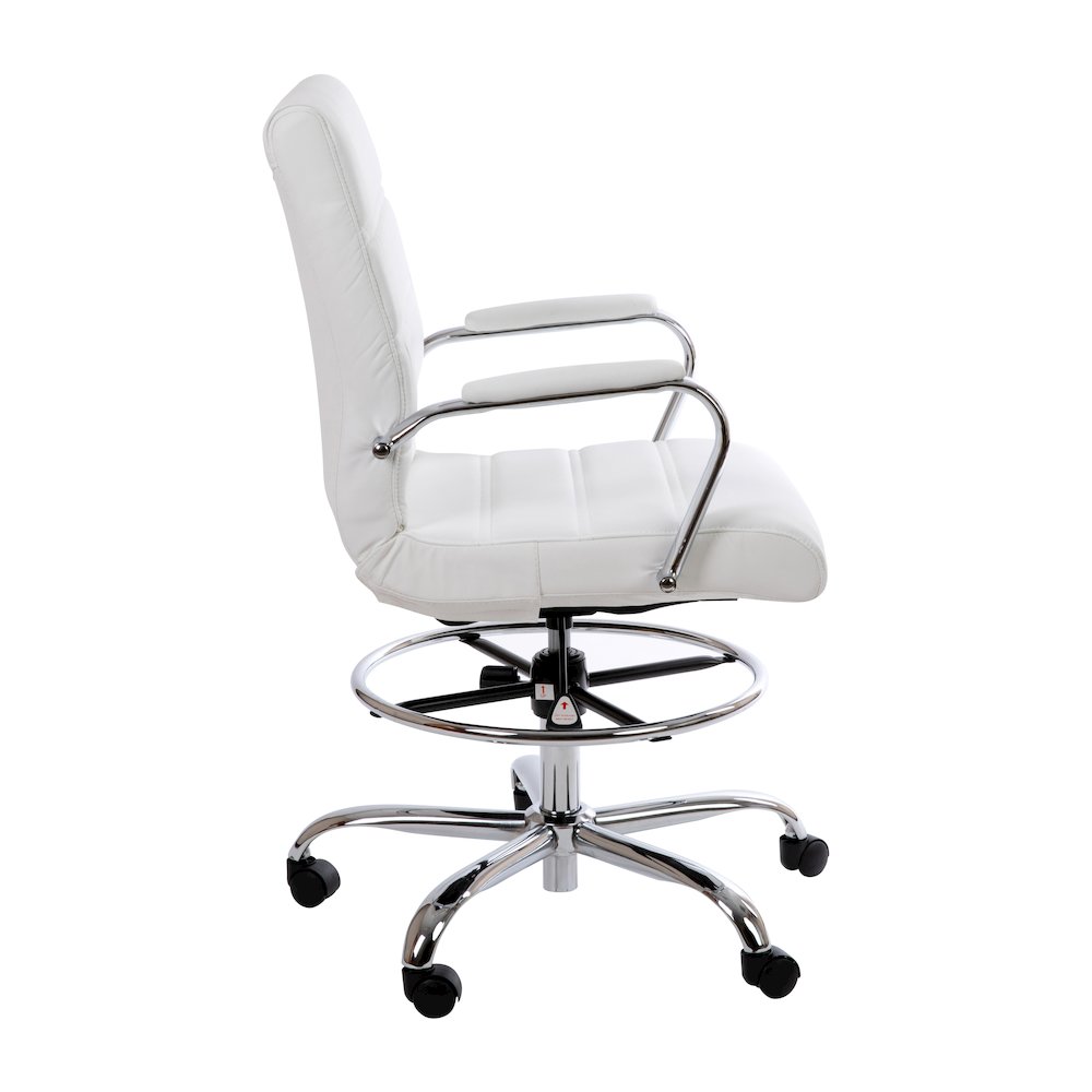 Mid-Back White Drafting Chair with Adjustable Foot Ring and Chrome Base