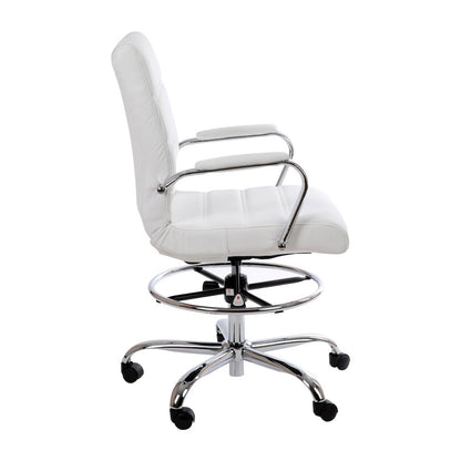 Mid-Back White Drafting Chair with Adjustable Foot Ring and Chrome Base