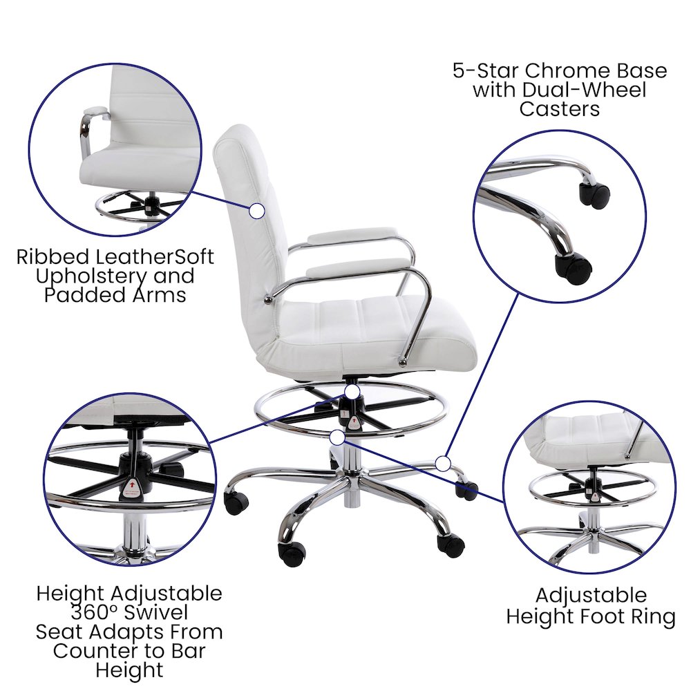 Mid-Back White Drafting Chair with Adjustable Foot Ring and Chrome Base