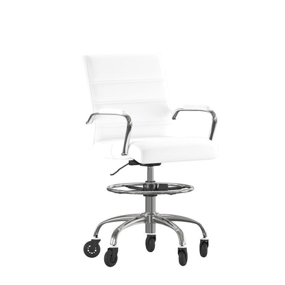 Mid-Back White Drafting Chair with Adjustable Foot Ring, Chrome Base,