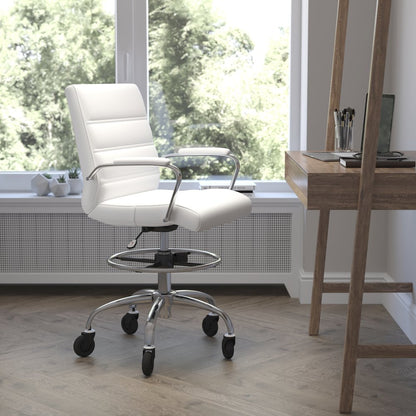 Mid-Back White Drafting Chair with Adjustable Foot Ring, Chrome Base,