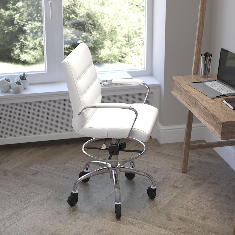 Mid-Back White Drafting Chair with Adjustable Foot Ring, Chrome Base,