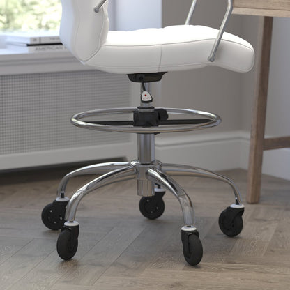 Mid-Back White Drafting Chair with Adjustable Foot Ring, Chrome Base,
