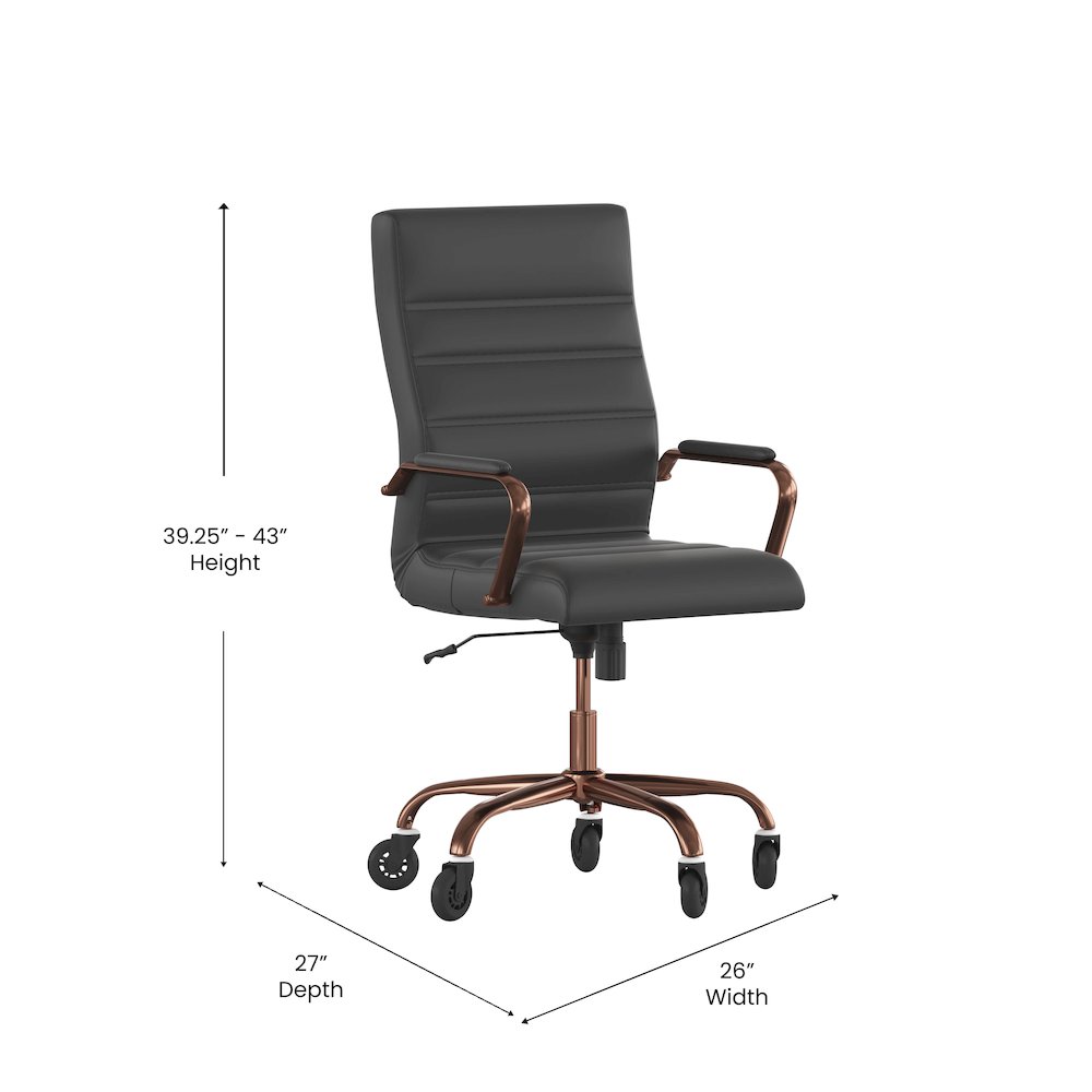High Back Black Executive Swivel Office Chair with Rose Gold Frame, Arms,