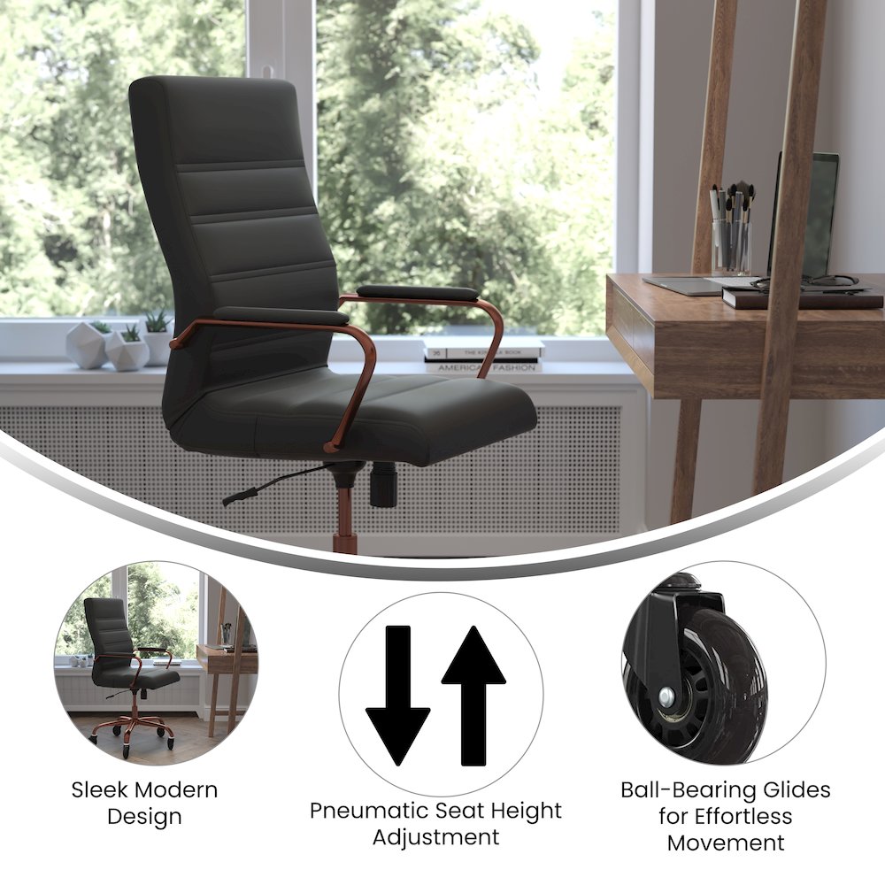 High Back Black Executive Swivel Office Chair with Rose Gold Frame, Arms,