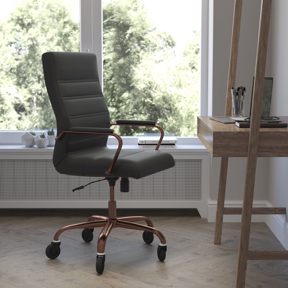 High Back Black Executive Swivel Office Chair with Rose Gold Frame, Arms,