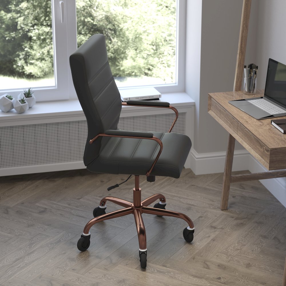 High Back Black Executive Swivel Office Chair with Rose Gold Frame, Arms,