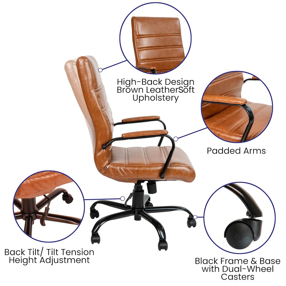 High Back Brown Executive Swivel Office Chair with Black Frame and Arms