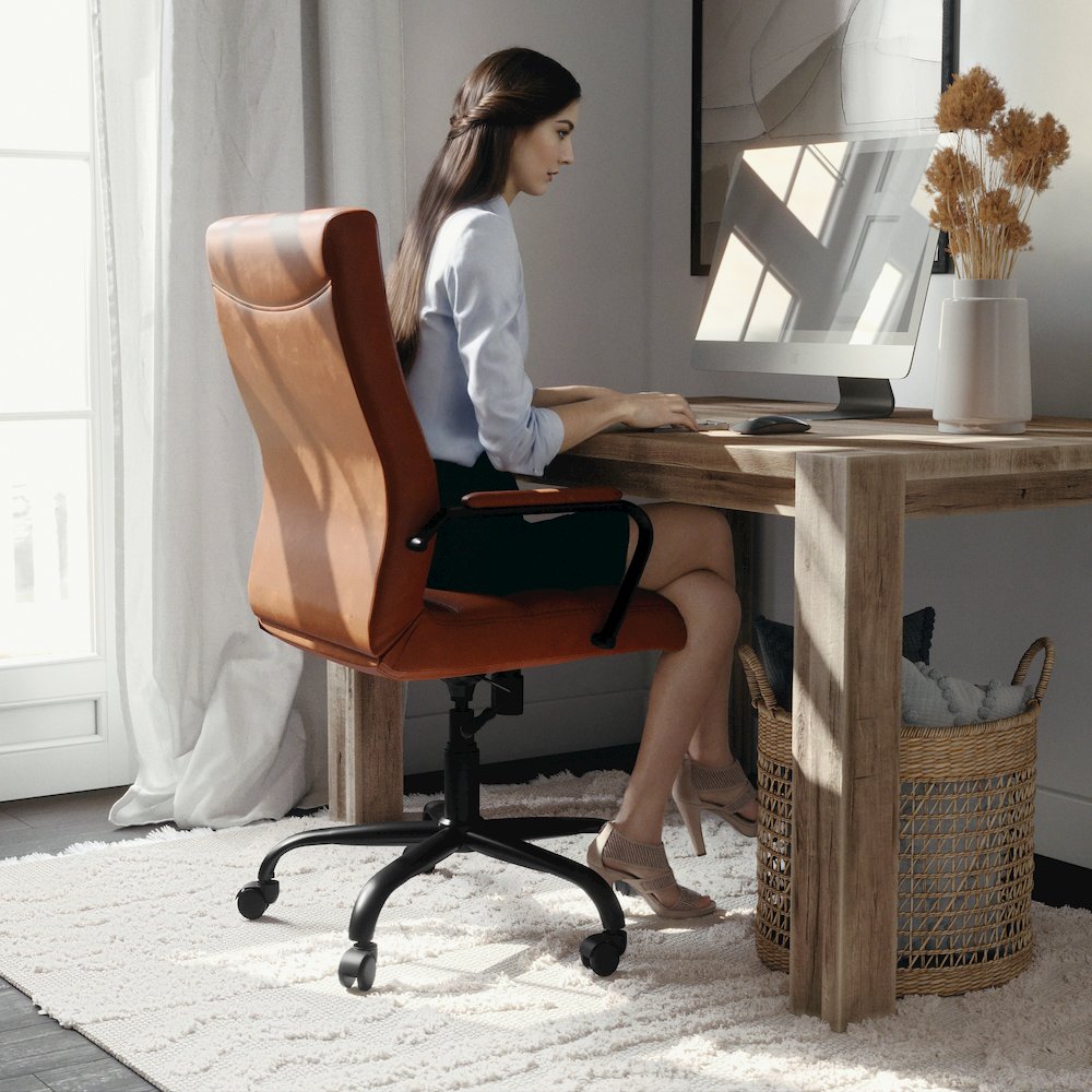 High Back Brown Executive Swivel Office Chair with Black Frame and Arms