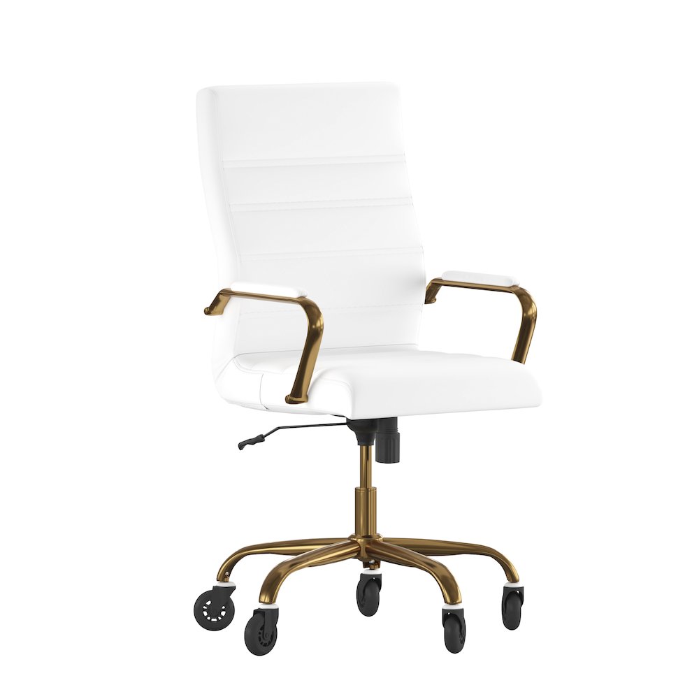 High Back White Executive Swivel Office Chair with Gold Frame, Arms,
