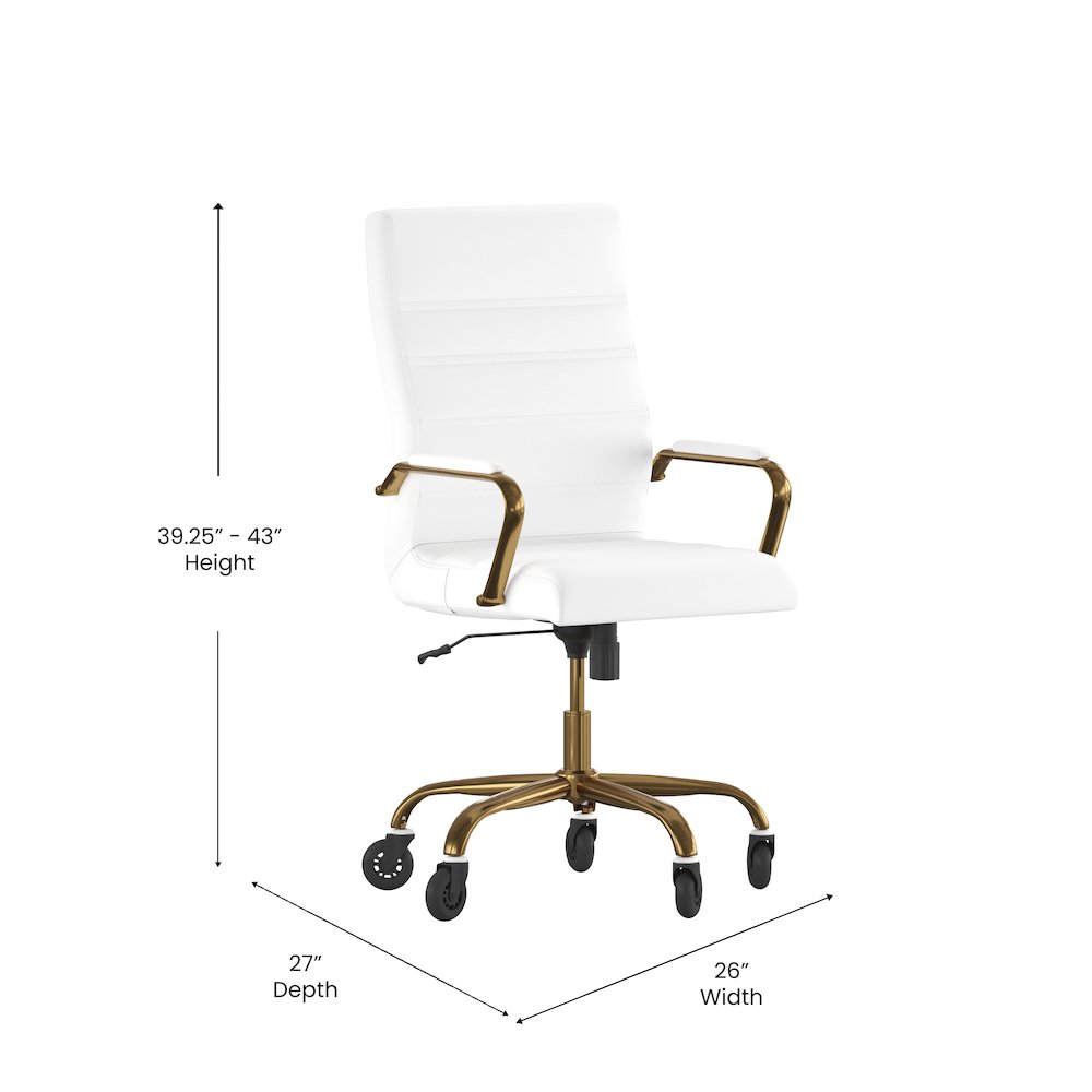 High Back White Executive Swivel Office Chair with Gold Frame, Arms,