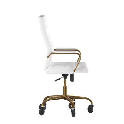 High Back White Executive Swivel Office Chair with Gold Frame, Arms,