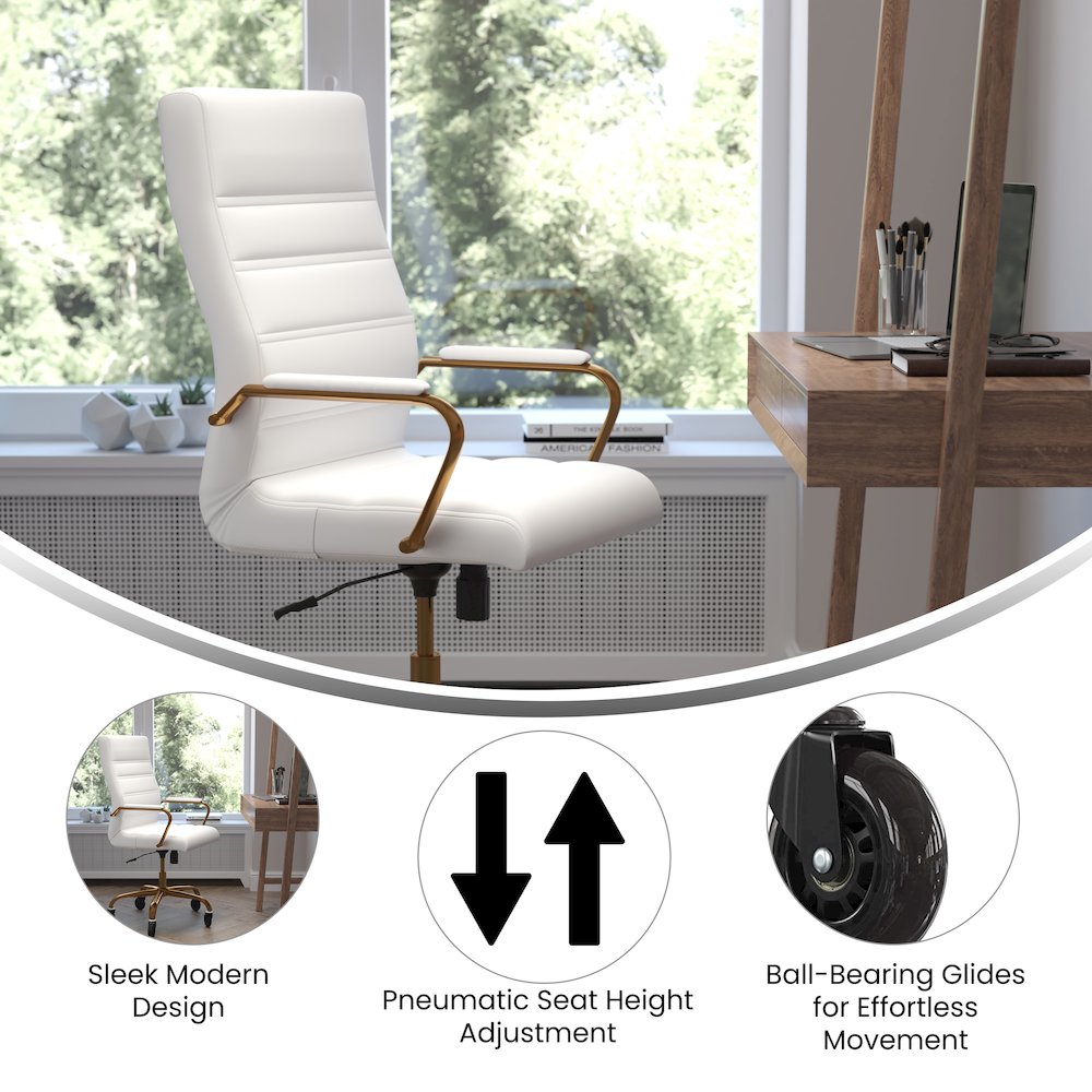 High Back White Executive Swivel Office Chair with Gold Frame, Arms,