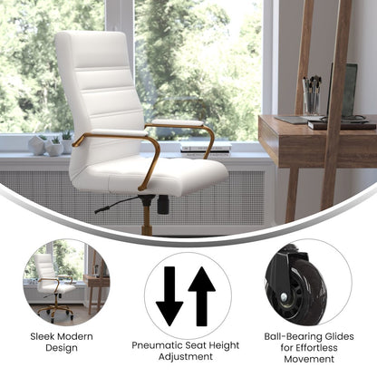 High Back White Executive Swivel Office Chair with Gold Frame, Arms,