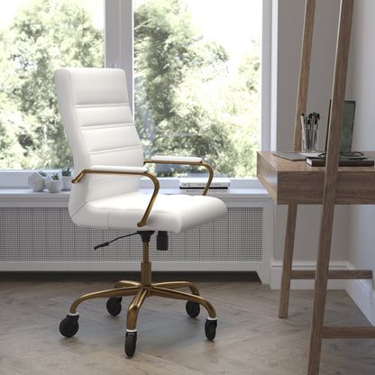 High Back White Executive Swivel Office Chair with Gold Frame, Arms,