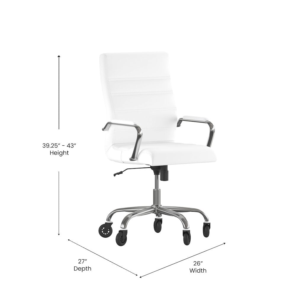High Back White Executive Swivel Office Chair with Chrome Frame, Arms,