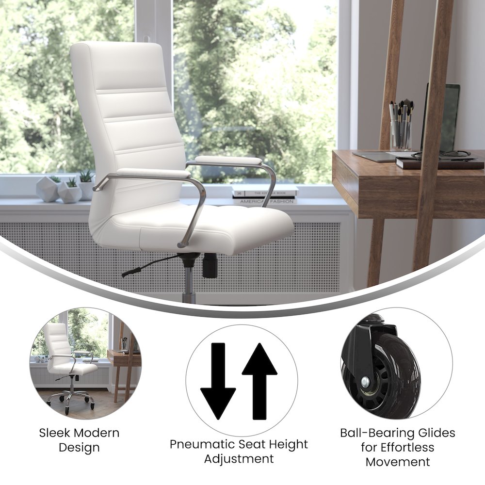 High Back White Executive Swivel Office Chair with Chrome Frame, Arms,