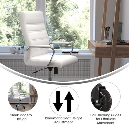 High Back White Executive Swivel Office Chair with Chrome Frame, Arms,