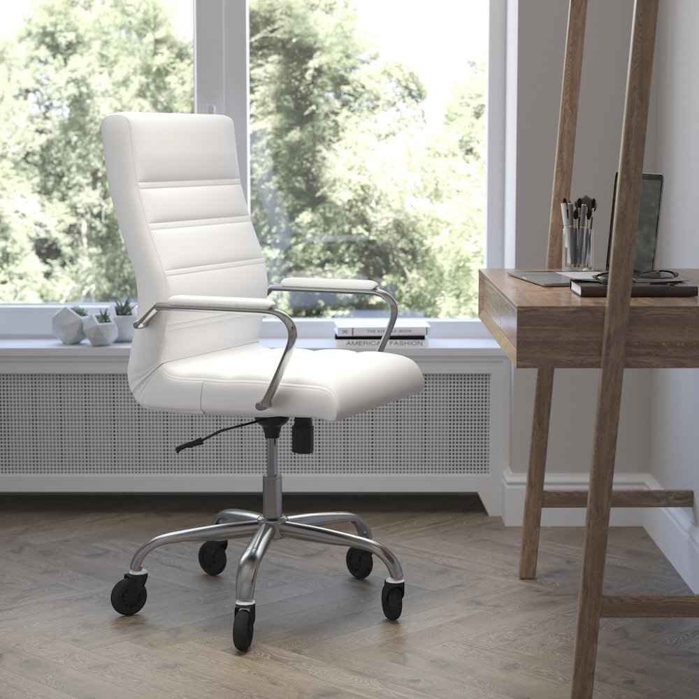 High Back White Executive Swivel Office Chair with Chrome Frame, Arms,