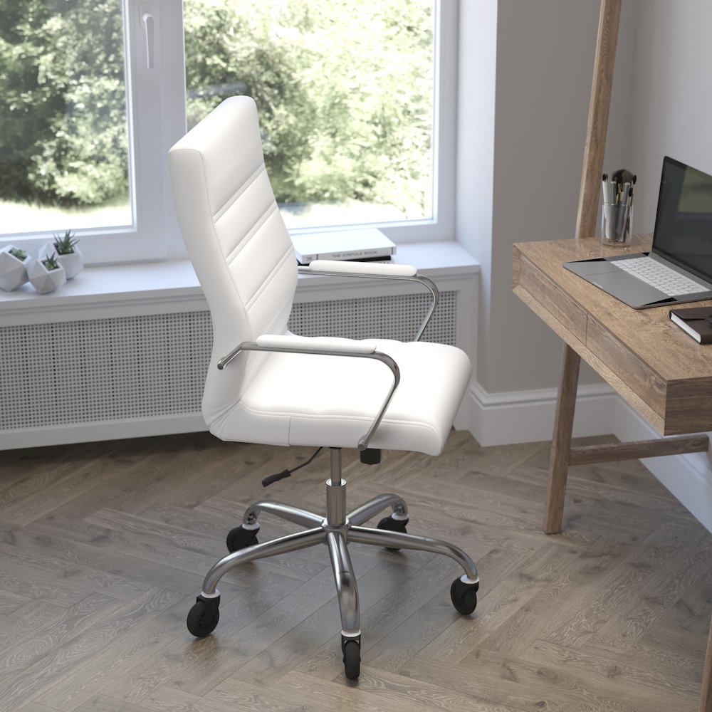 High Back White Executive Swivel Office Chair with Chrome Frame, Arms,