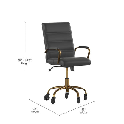 Mid-Back Black Executive Swivel Office Chair with Gold Frame, Arms,