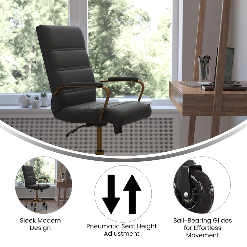 Mid-Back Black Executive Swivel Office Chair with Gold Frame, Arms,