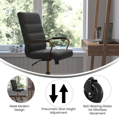 Mid-Back Black Executive Swivel Office Chair with Gold Frame, Arms,