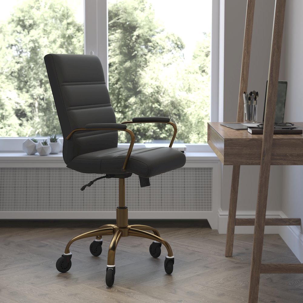 Mid-Back Black Executive Swivel Office Chair with Gold Frame, Arms,