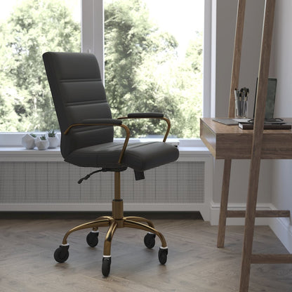 Mid-Back Black Executive Swivel Office Chair with Gold Frame, Arms,
