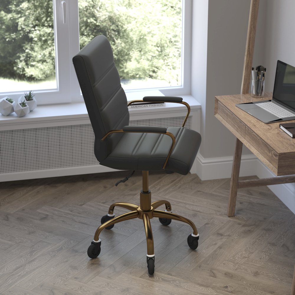 Mid-Back Black Executive Swivel Office Chair with Gold Frame, Arms,