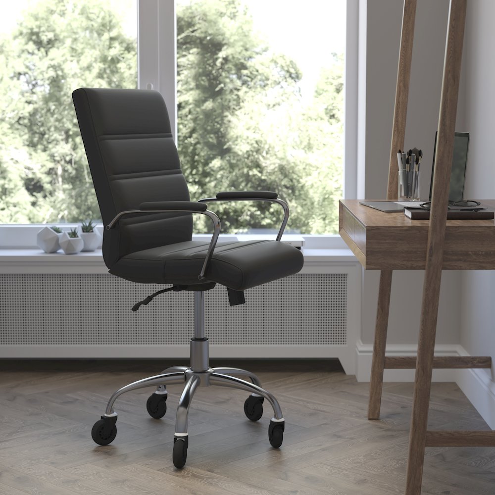 Mid-Back Black Executive Swivel Office Chair with Chrome Frame, Arms,