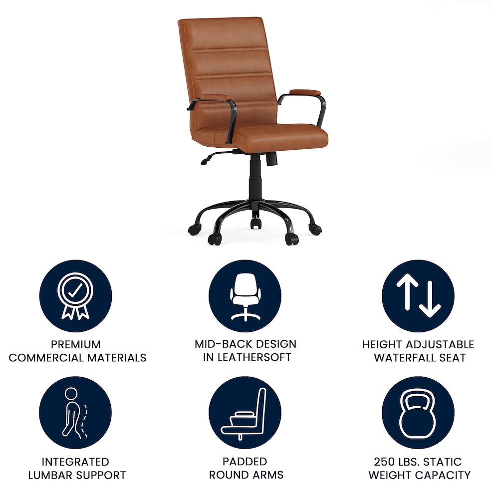 Mid-Back Brown Executive Swivel Office Chair with Black Frame and Arms