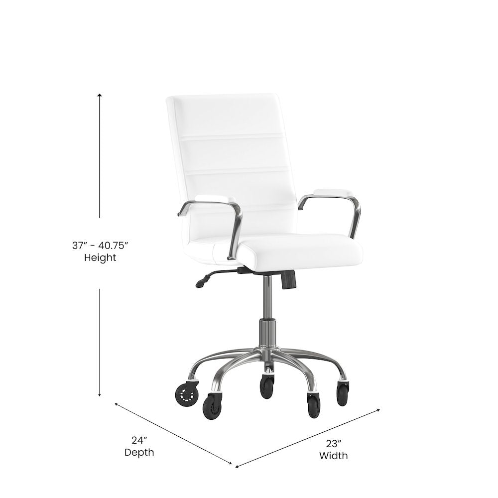 Mid-Back White Executive Swivel Office Chair with Chrome Frame, Arms,
