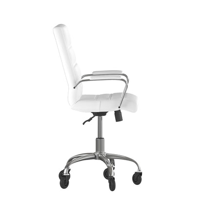 Mid-Back White Executive Swivel Office Chair with Chrome Frame, Arms,
