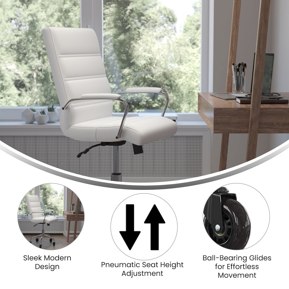 Mid-Back White Executive Swivel Office Chair with Chrome Frame, Arms,