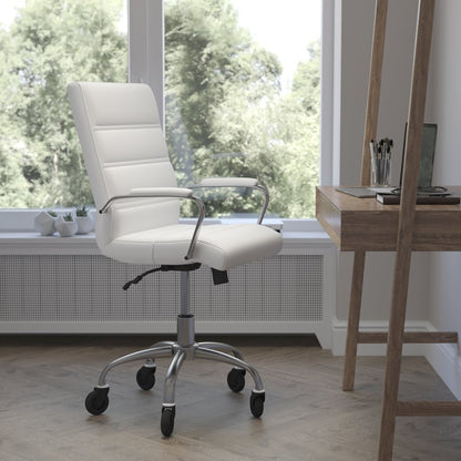 Mid-Back White Executive Swivel Office Chair with Chrome Frame, Arms,