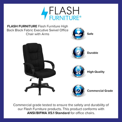 High Back Black Fabric Executive Swivel Office Chair with Arms