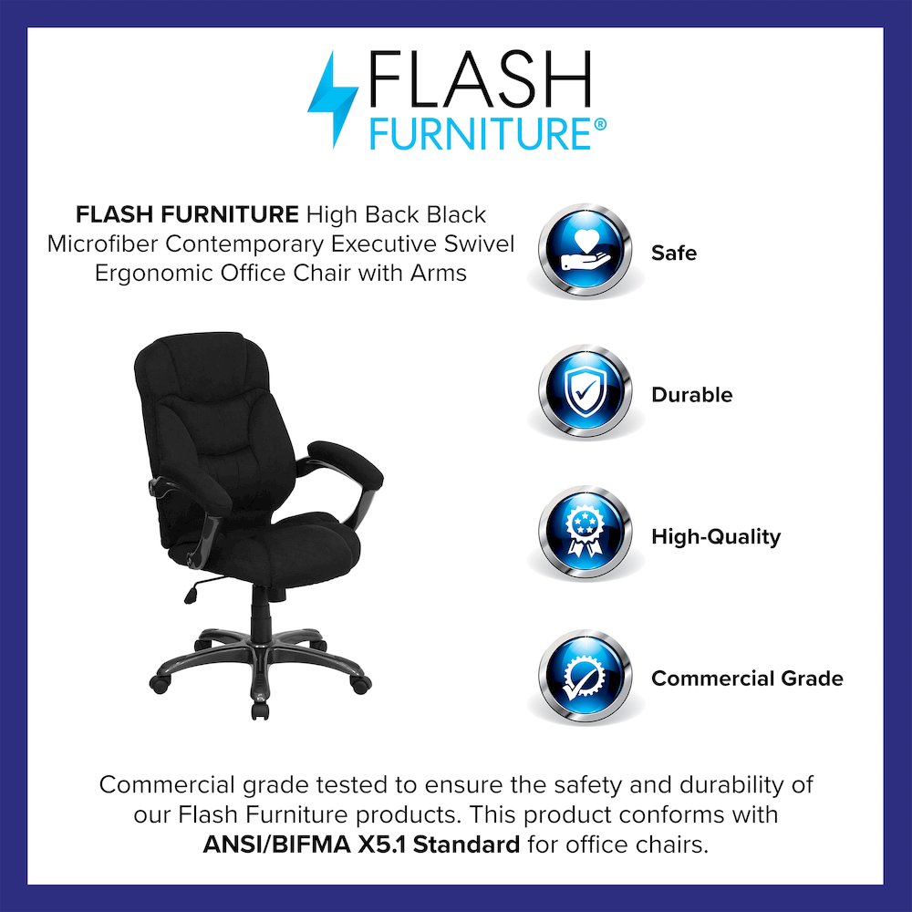 High Back Black Microfiber Contemporary Executive Swivel Office Chair with Arms