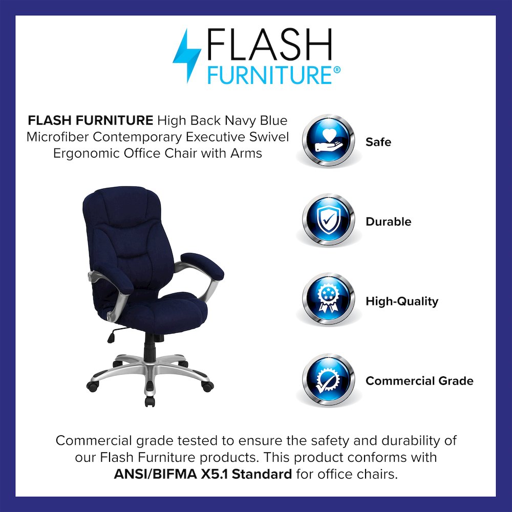 High Back Navy Blue Microfiber Executive Swivel Office Chair with Arms