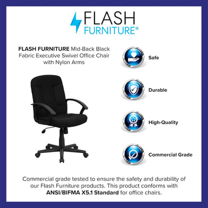 Mid-Back Black Fabric Executive Swivel Office Chair with Nylon Arms