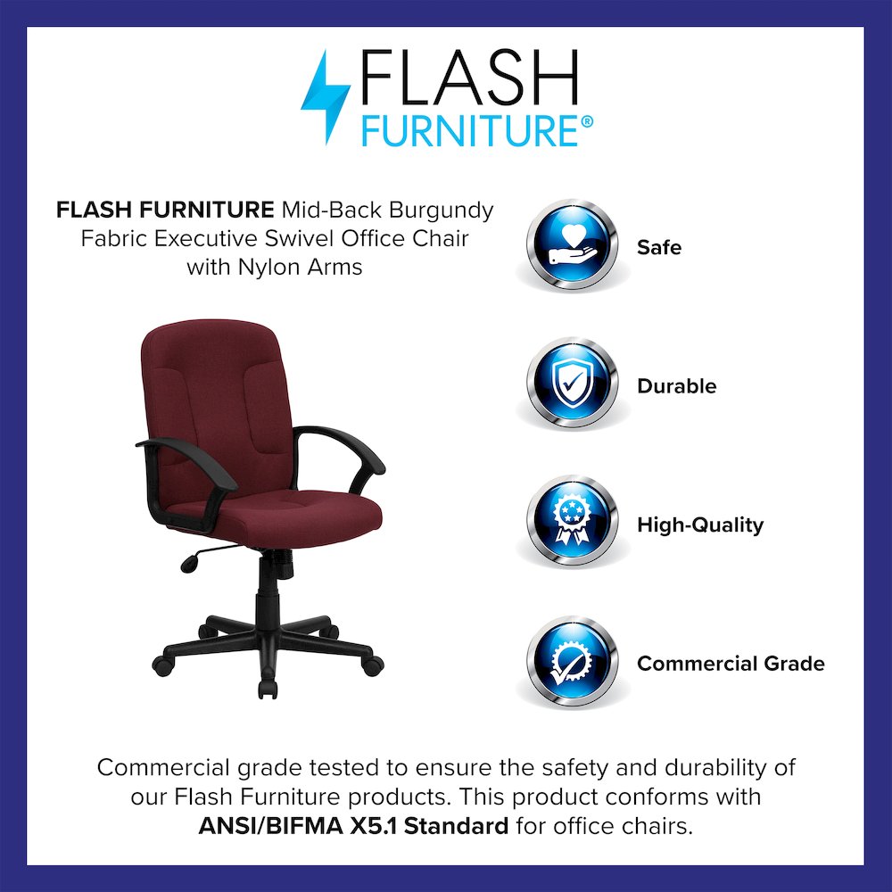 Mid-Back Burgundy Fabric Executive Swivel Office Chair with Nylon Arms