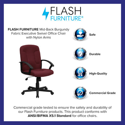 Mid-Back Burgundy Fabric Executive Swivel Office Chair with Nylon Arms