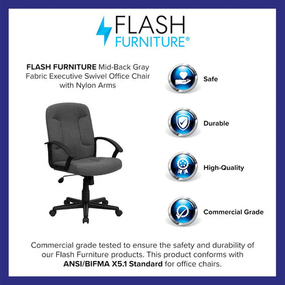 Mid-Back Gray Fabric Executive Swivel Office Chair with Nylon Arms