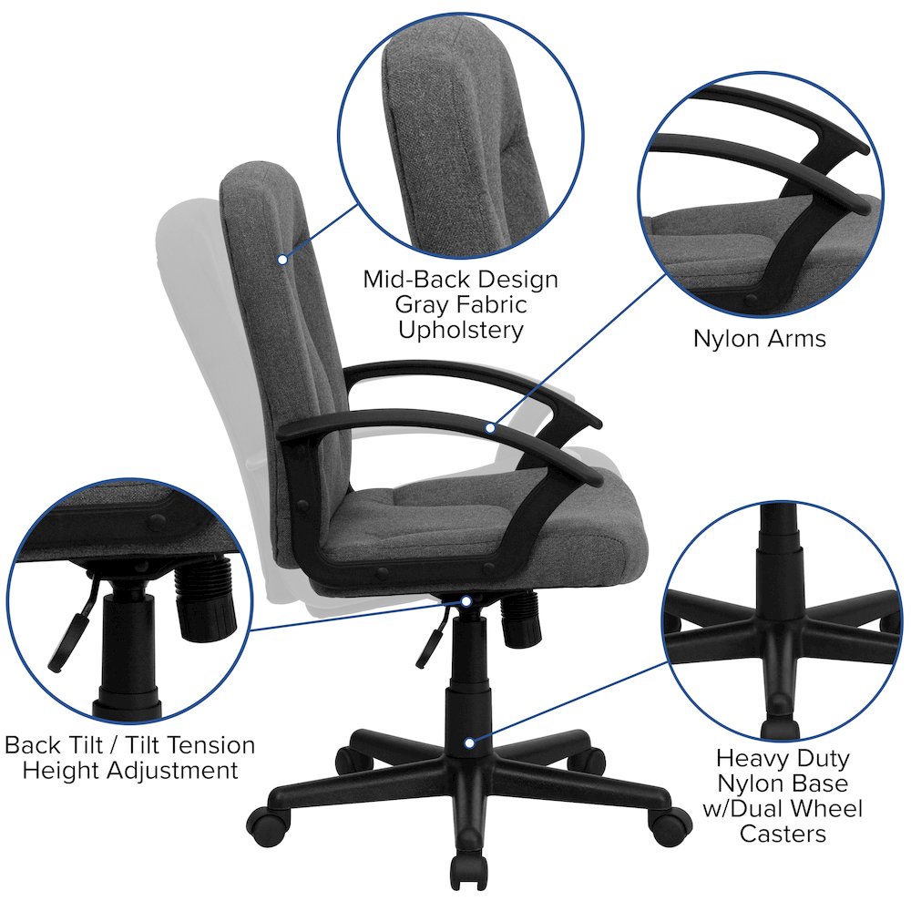 Mid-Back Gray Fabric Executive Swivel Office Chair with Nylon Arms