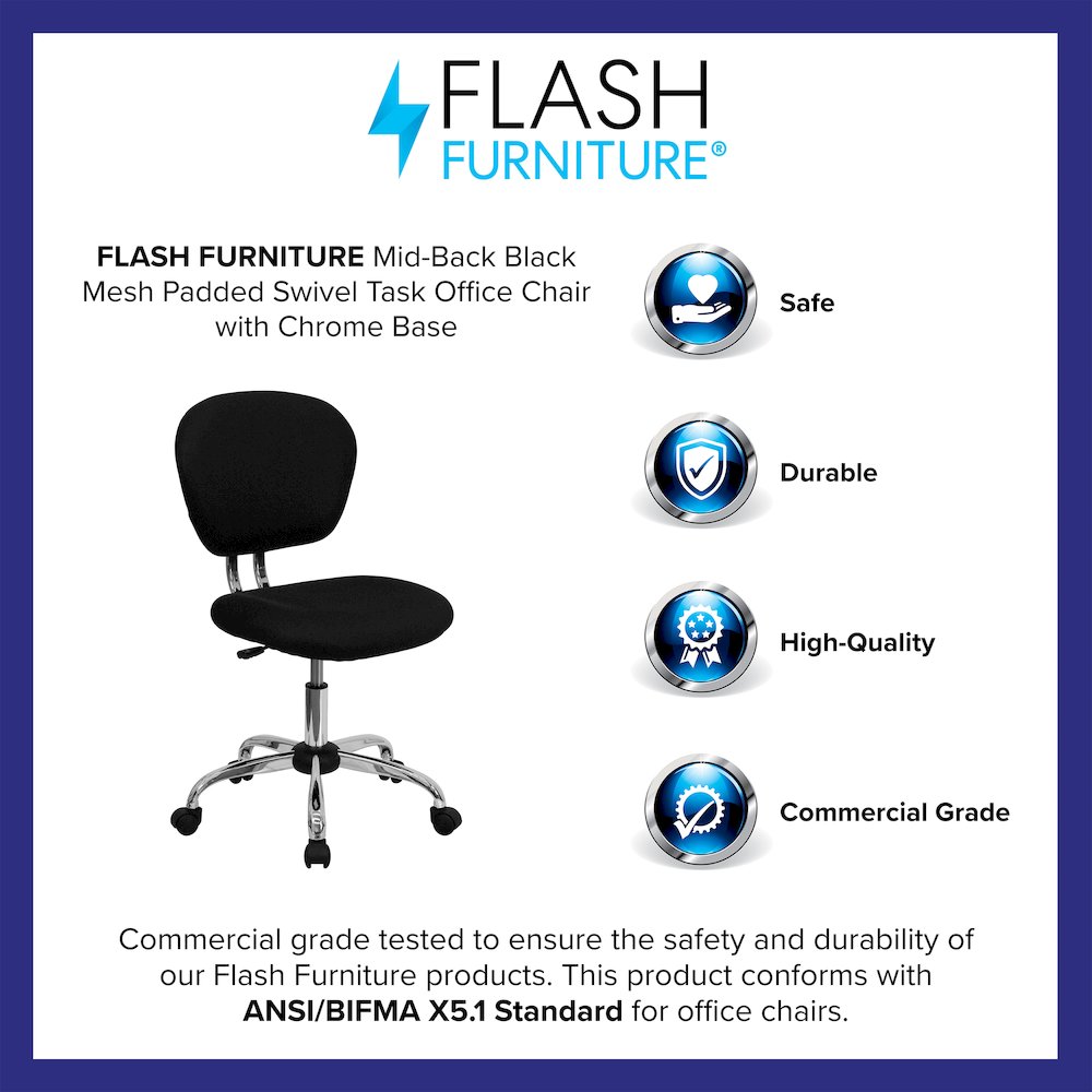 Mid-Back Black Mesh Padded Swivel Task Office Chair with Chrome Base